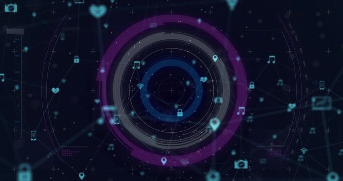 Central HUD rings appearing on dark stars turning purple and animating icons into data network