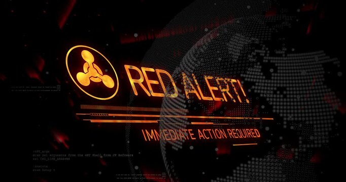 Security HUD detecting threat, emblem expanding into RED ALERT headline with dotted globe rotating