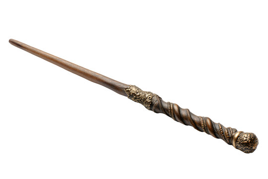 Handcrafted wooden magic wand with intricate carvings isolated on white background