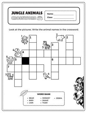 Jungle Animals Crossword Puzzle Worksheet for Kids Educational Printable Activity (Grade 1)