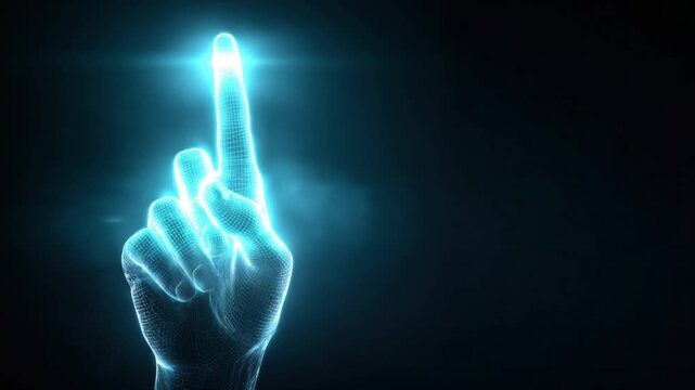 Digital Touch: A futuristic rendering of a glowing hand with an extended index finger, emphasizing the point of interaction and the digital world.