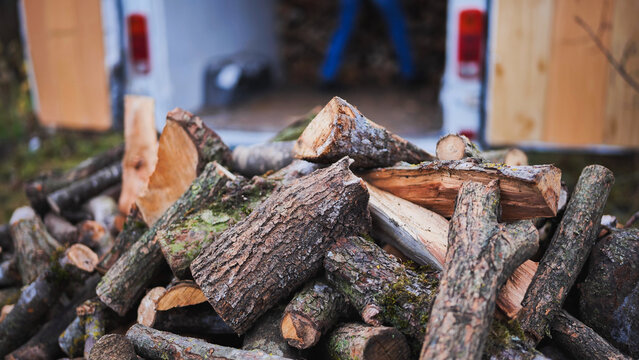 A man unloads firewood from a truck by hand.