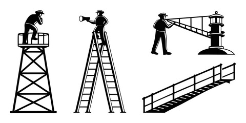 Illustration of workers on ladders and platforms performing construction tasks Vector © RABBY