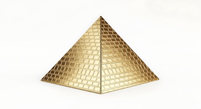 Golden pyramid with brick pattern shiny on white background with shadow. AI generated.