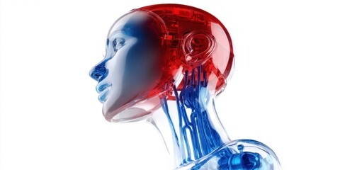 Transparent human head with visible brain and circulatory system in red and blue