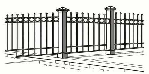 A detailed illustration of a black wrought iron fence with intricate designs and a gate. Vector © RABBY