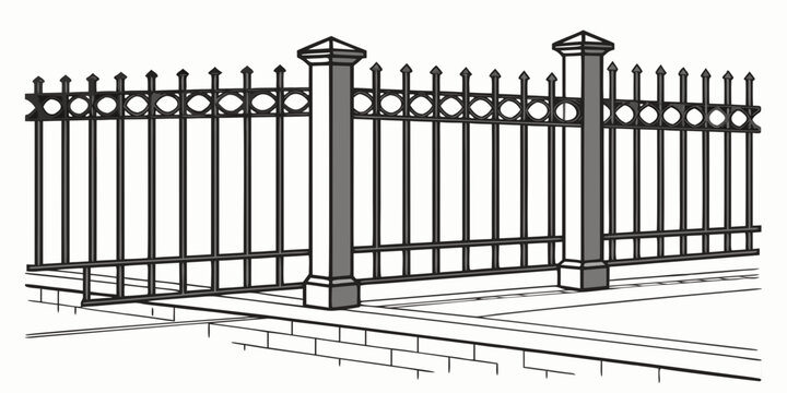 A detailed illustration of a black wrought iron fence with intricate designs and a gate. Vector