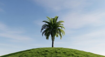 Obraz premium Serene summer vacation landscape with lone palm tree on a green hill