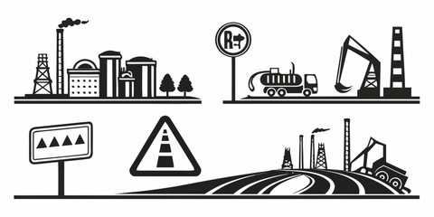 Illustration of industrial and construction hazards with road signs and warning symbols Vector © RABBY