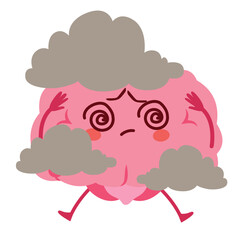 Fototapeta premium Cartoon vector illustration of a confused brain mascot surrounded by clouds representing brain fog, dizziness, mental fatigue and cognitive confusion