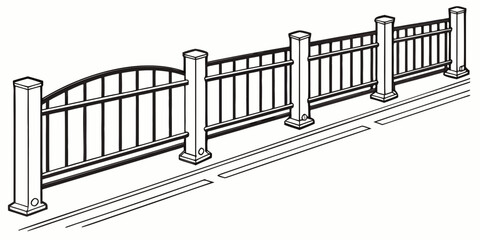 A white metal gate with a curved top and a simple design stands open Vector © RABBY