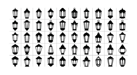 Collection of various black street lamp icons on white background for design and decoration purposes