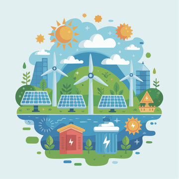 Colorful illustration of renewable energy sources and eco-friendly cit