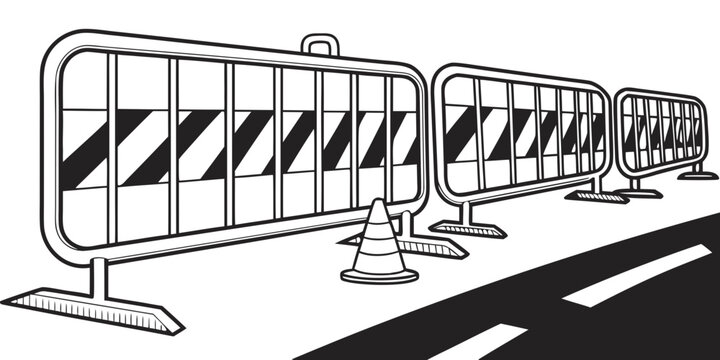 A row of vintage cars parked on the side of a road with a barricade in front. Vector
