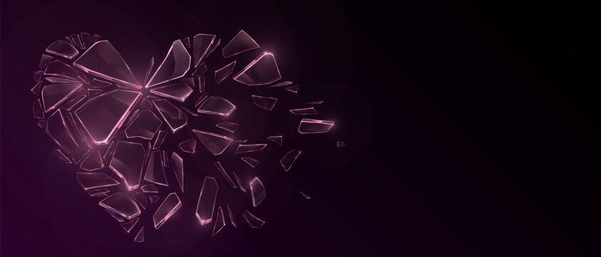 Shattered glass pieces, exploding ice crystal fragments, 3d realistic vector banner. Broken heart with flying shards on black background, ruined love with dramatic crack effect, sharp debris