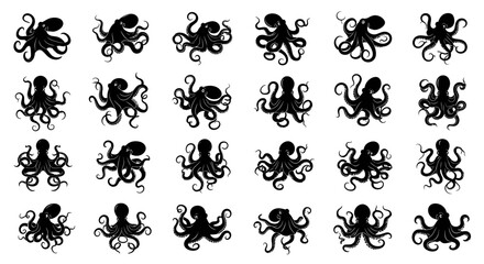 Collection of black octopus silhouettes on white background ocean creatures sea animals aquatic design elements © Kamola