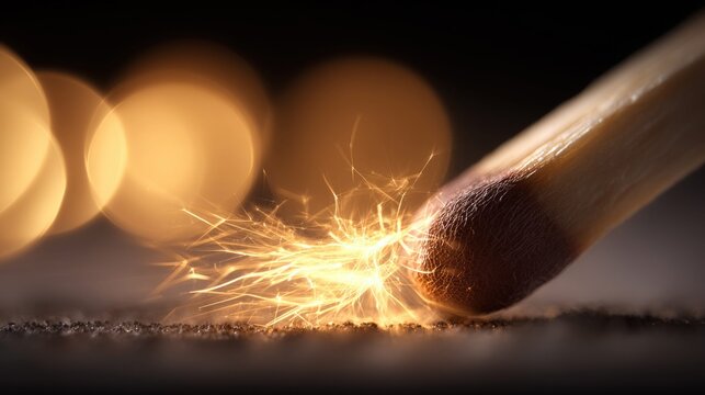 Close-up macro shot of a match striking and creating bright sparks with bokeh lights in the background