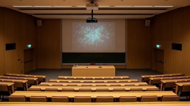 Lecture hall with projector screen visible