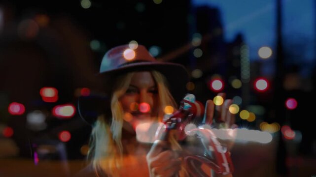 Female singer lifting arms and creating bokeh shimmer singing into mic while playing red tambourine