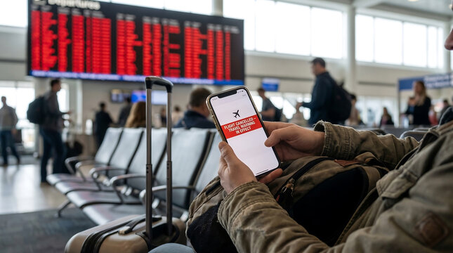Traveler in a bustling airport terminal reviews an Urgent Travel Warning High Alert Level Issued on a mobile phone.