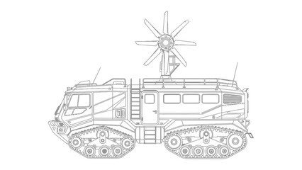 Arctic Exploration Vehicle: A detailed line drawing showcases a robust, tracked vehicle engineered for arctic exploration, equipped with a large fan and rugged design. © hafs121