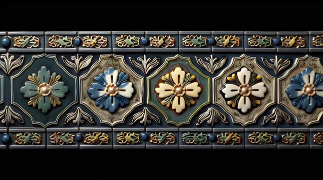 A decorative border, featuring intricate floral designs and ornamental details. The color palette includes shades of teal, gold, and white