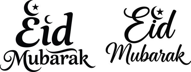 Black Eid Mubarak calligraphy set with crescent moon and star icons isolated on white background for Islamic holiday greeting card design. © NASRIN