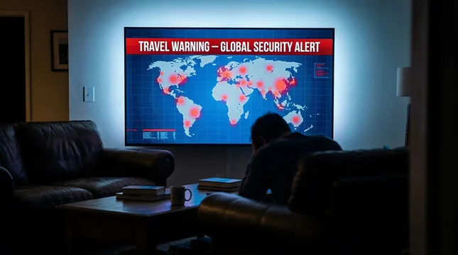 A person in a dark living room watches an urgent travel warning with a high alert level issued on a global security map.