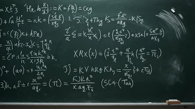 Mathematical equations and formulas displayed on a blackboard surface