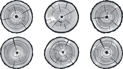 Six black and white tree stump cross sections © Vector Brush