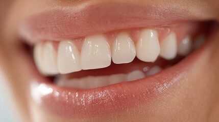 Close-up of a woman's perfect white smile with healthy teeth and glossy lips