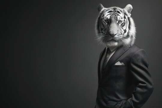 Tiger in formal suit holding card, standing upright, serious gaze