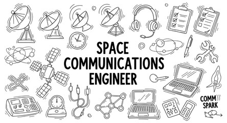 Fototapeta premium Space communications engineer career concept with hand-drawn icons and text