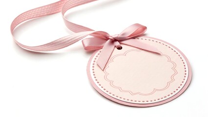 Pastel pink round label with ribbon and bow elegant design. With shadow. AI GENERATED.