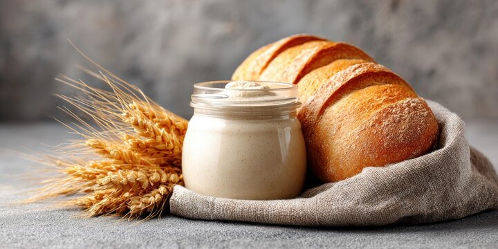 Freshly baked artisan bread with a jar of sourdough starter and wheat stalks