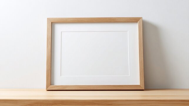 Minimalist wooden picture frame with white matting on a light wooden shelf against a white wall