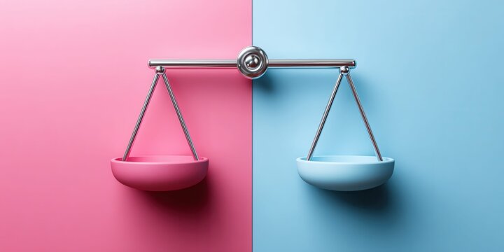 Balanced scales with pink and blue sides symbolizing gender equality and fairness