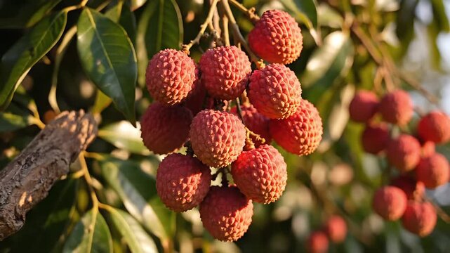 Freshly picked ripe lychees hanging on a branch, illuminated by the warm sunlight