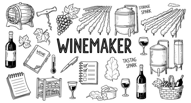 Hand-drawn illustration of winemaking process elements and tools for a winemaker