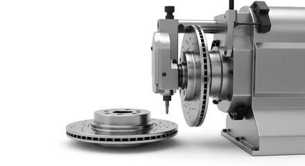 Fototapeta premium Precision brake disc skimming machine in action, , highlighting the process of resurfacing for optimal performance