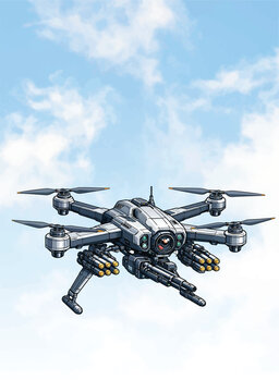071-22-Weaponized drone quadcopter flying with gatling gun and missiles