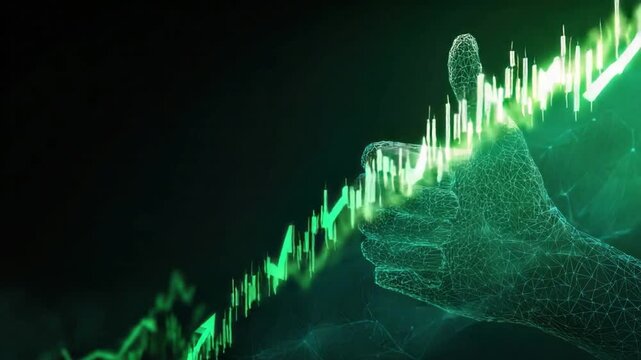 Financial Growth: An abstract digital representation of a hand, formed by particles, makes a thumbs up gesture as a glowing green upward-trending line chart representing financial growth.