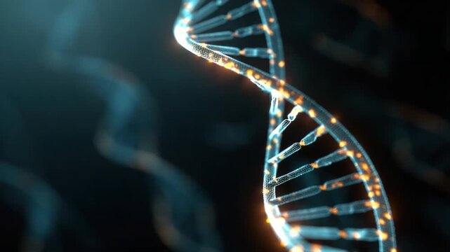DNA Strand: The intricate double helix of a DNA strand, a symbol of life's blueprint, glows with an ethereal light against a dark backdrop, evoking the mystery and beauty of genetics.