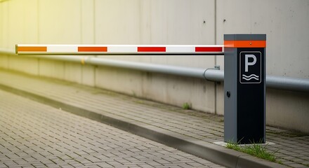 A parking lot boom barrier with a black base and orange white red striped bar on a brick road