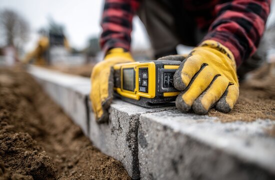 Construction worker using a laser level to ensure precise alignment of paving stones on site