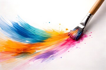 Obraz premium Close-up of a paintbrush creating vibrant colorful strokes on a clean white canvas. The dynamic brush movement spreads bright tones of blue, orange, yellow, pink, and purple, forming an expressive and