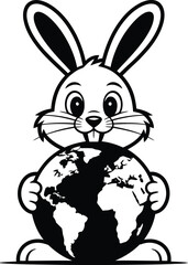 Fototapeta premium Cute bunny holding Earth globe line art design