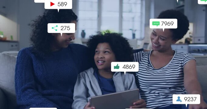 Child tapping tablet, adults leaning in, alerts multiplying over faces, tablet, showing social buzz