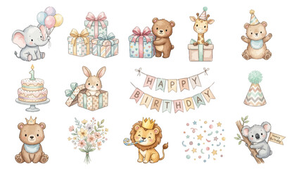 Pastel birthday animal clipart set. Pastel birthday animal set with bear, bunny, giraffe, elephant and lion cub. Collection of Vector illustrations. Perfect for invitation, card, poster, banner, decor © maria