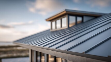 Obraz premium Modern metal roof on a coastal house with dormer windows and a scenic ocean view